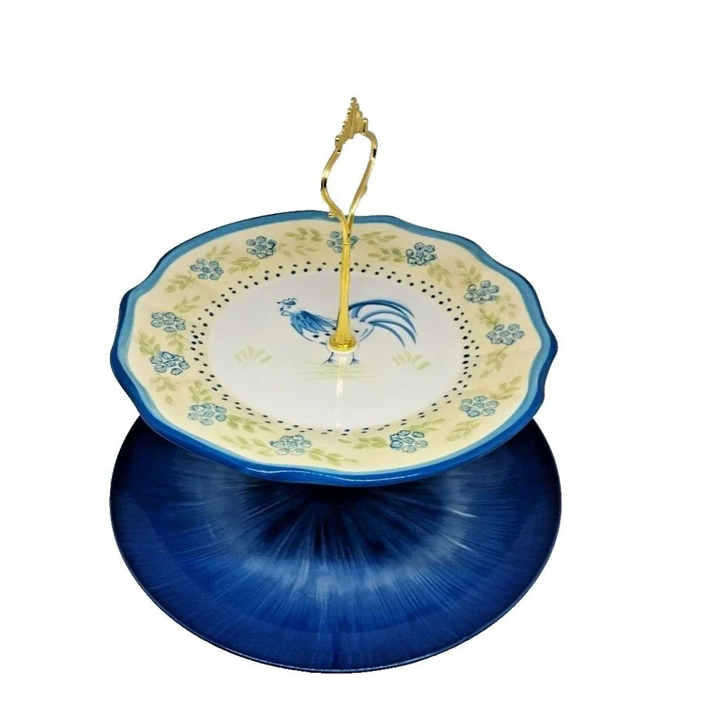Custom 2 Tier Cake Stand Cottage Core Blue Floral Rooster Country